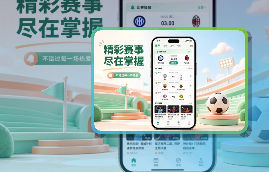 海报式引导 · 手机看赛入口 · 网页版也能继续看界面展示